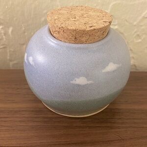 Vintage Studio Pottery Jar Signed 1994 Cork Lid Blue Cloud Design